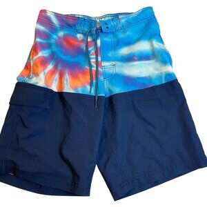 George Mens Swim Trunks Small 28-30 Tie-Dye & Navy Blue Board Shorts